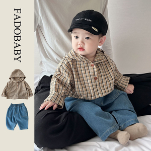 儿童格子衬衫春季0-5岁韩国童装婴幼儿连帽衬衣+牛仔裤两件套潮