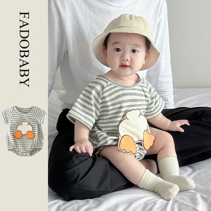 婴儿连体衣夏季新生儿卡通贴布小鸭子薄款夏装短袖洋气条纹外出服