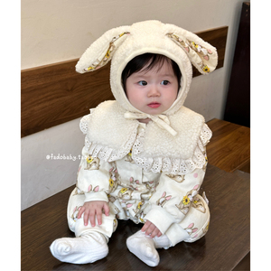 婴儿冬装兔子加绒加厚连体衣新生女宝宝百天夹棉保暖公主爬服送帽