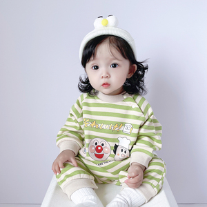 ins秋冬季韩版婴儿可爱卡通条纹加绒长袖连体衣男女宝宝宽松爬服