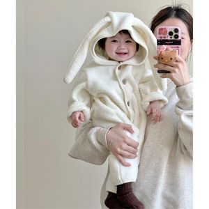 ins韩版冬装婴儿兔子耳朵连帽羊羔毛连体衣男女宝宝可爱保暖爬服