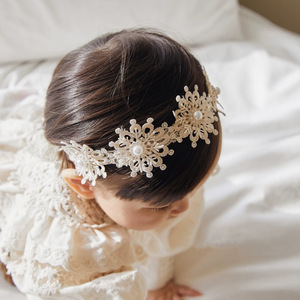 韩国新款女宝宝花朵蕾丝系带发带女婴儿礼服公主头花儿童公主头带