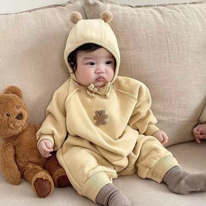 in韩国婴儿可爱卡通加绒长袖连体衣男女宝宝小熊休闲外出保暖爬服