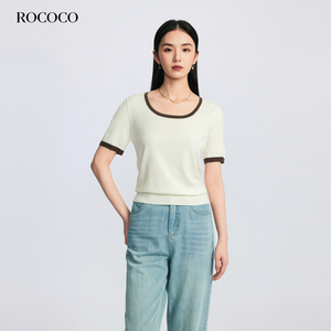 Rococo洛可可米色薄款毛针织衫女2024夏季新款拼接套头上衣女