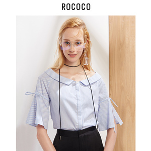 洛可可2019夏装新款小翻领蓝色条纹喇叭袖短袖甜美衬衫女