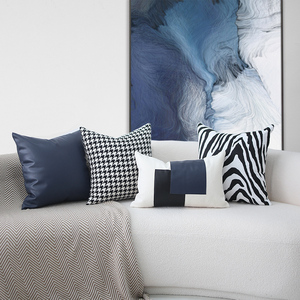蓝色系现代简约皮沙发抱枕客厅黑白千鸟格斑马纹靠垫套轻奢靠枕
