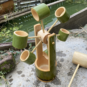 竹子做的假山摆件景观小竹水车转轮玩具鱼缸风水轮流水鱼池生态缸