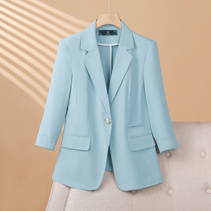 蓝色西装外套女夏季薄款高级感小个子修身休闲七分袖时尚西服上衣