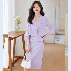 小个子短款紫色西装外套女春季2024新款韩版修身时尚休闲西服套装