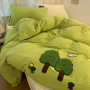 绿色发财树毛巾绣被套四件套水洗棉床单床笠宿舍三件套非纯棉全棉