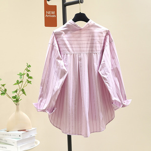 减龄百搭紫粉色条纹衬衫女2024春装新款韩版宽松衬衣上衣休闲小衫