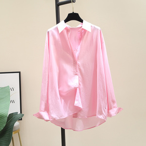 粉红色垂感天丝棉衬衫女2024夏季新款韩版宽松长袖薄衬衣别致上衣