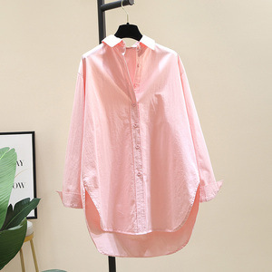 衬衫女长袖2024春装新款韩版宽松设计感小众叠穿中长款粉色衬衣潮