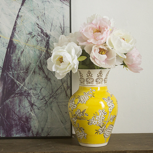 手工彩绘陶瓷花瓶黄蓝色插花瓶复古高级感水培养花瓷瓶客厅摆件