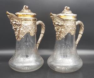 法国约1906年950纯银鎏金配水晶水壶醒酒壶一对名厂生产 西洋银器