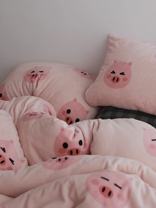 甜宝小猪@牛奶绒粉色卡通加厚保暖单件床品床单床笠被套枕套秋冬