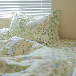 MOMO |绿花抱抱兔 |纯棉清新碎花床单床笠被套枕套单件兔年卧室