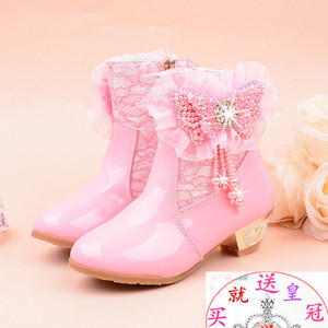时尚女童高跟公主短靴2024冬新款韩版加绒中小儿童马丁棉靴粉红色
