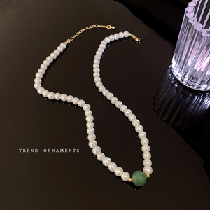 新中式国风复古一颗仿绿宝石珍珠串珠手链项链汉服旗袍颈链配饰品