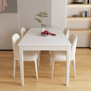 法式白色奶油风纯白岩板餐桌椅现代简约小户型长方形实木吃饭桌子