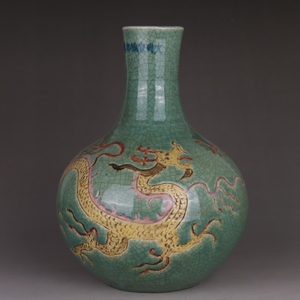 宣德全手工绿釉三彩龙纹天球瓶老古董瓷器收藏老货博古架老物件