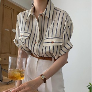 韩国chic夏季法式小众翻领撞色竖条纹宽松休闲百搭短袖衬衫上衣女