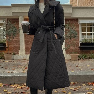 韩国chic冬季法式复古气质双排扣大翻领菱格系带保暖棉服大衣外套