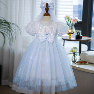 发光爱莎公主裙女童洋气冰雪奇缘艾莎夏装裙子礼服儿童蓝色连衣裙