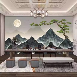 3D立体新中式茶室装饰壁画客厅电视背景墙纸酒店大气浮雕山水壁布