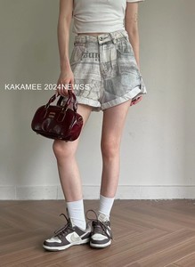 KAKAMEE夏季 韩式新品高腰复古水洗直筒报纸印花显瘦牛仔短裤女潮
