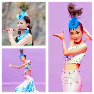 民族傣族舞蹈孔雀羽毛头饰女表演出夸张儿童小鸟尾巴立翘起来发夹