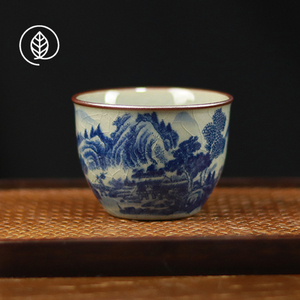 景德镇青花山水主人杯老陶泥开片可养家用客厅中式复古陶瓷茶杯