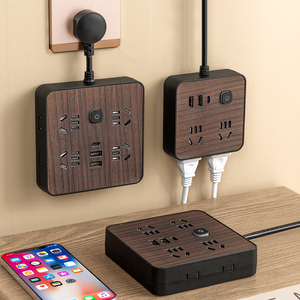 牛木纹多功能插座方形桌面可收纳插线板带USB充电排插家用面板