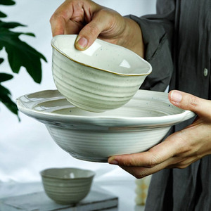 日式复古陶瓷碗家用面碗米饭碗西餐厅意面碗格雷草帽碗异形斗笠碗