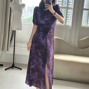JanZhang2024夏季新款欧货圆领紫色豹纹真丝中长裙子桑蚕丝连衣裙