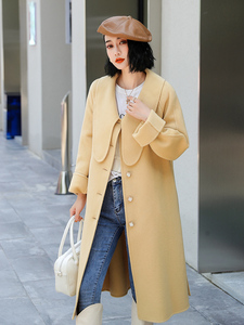 柠檬黄双面羊绒大衣女2023新款中长款高端赫本风秋冬季羊毛呢外套