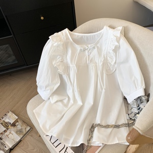 法式绝美花边拼接白色衬衫女夏季设计感小众宽松显瘦荷叶边娃娃衫