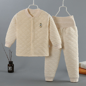 冬季纯棉宝宝保暖加厚婴儿彩棉儿童对开高腰护肚夹棉内衣打底套装