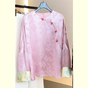 新中式国风印花粉色长袖衬衫女早春新款气质甜美减龄改良唐装衬衣