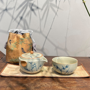 惊蛰 冰台手绘蓝竹旅行茶具茶壶茶杯套装陶瓷快客杯便携一壶一杯