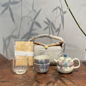 惊蛰 草木灰手绘紫藤花茶壶茶杯组合装旅行功夫茶具布包一壶二杯