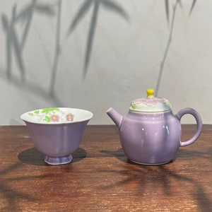 惊蛰 淡紫色釉下彩人工手绘牡丹茶壶 花口主人杯 中式思亭壶 喝茶