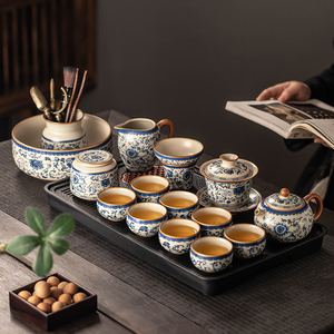2024新款汝窑茶具套装家用青花陶瓷茶壶盖碗泡茶办公功夫茶杯茶盘