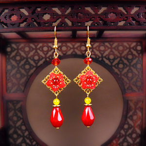 气质中国风古典耳坠长款适合大脸带的耳环女中式复古红色显瘦耳饰