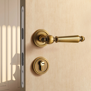 法式卧室门锁室内房间木门门把手黄古铜色复古磁吸静音家用房门锁