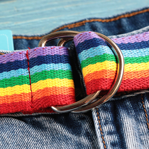 潮牌男士女士通用糖果色 彩虹色运动双环扣帆布腰带休闲裤带皮带