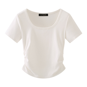 拉夏贝尔/La Chapelle夏新款正肩纯色简约T恤女收腰显瘦短袖上衣