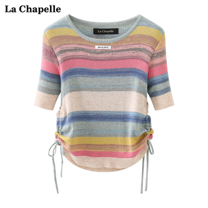 拉夏贝尔/La Chapelle彩色条纹针织短袖T恤女收腰抽绳修身上衣夏