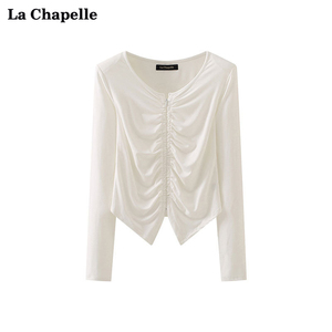拉夏贝尔/La Chapelle圆领垫肩褶皱修身上衣女纯色性感百搭打底衫
