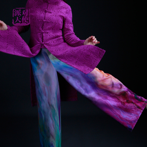 派对天使原创紫色渐变抽象数码印花弹力阔腿长裤休闲宽松直筒裤子
